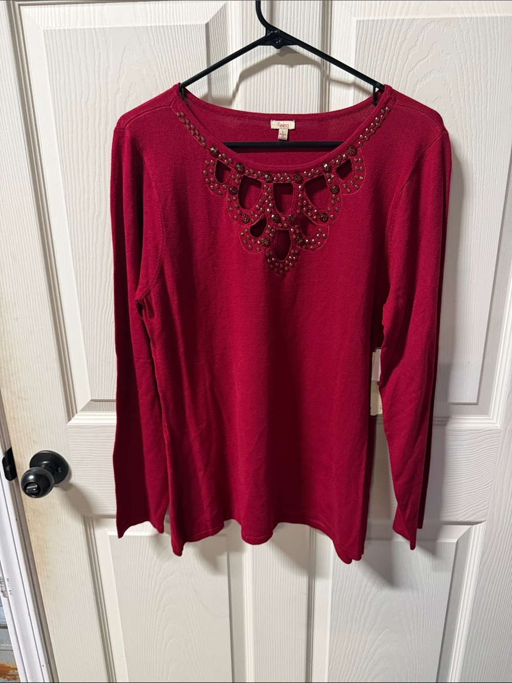 Reba Deep Red Long-Sleeve Top with Beaded Cutout Neckline